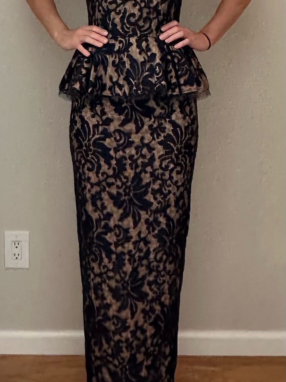 Tadashi Shoji Black Lace Floral Peplum Maxi Skirt with Nude Underlay